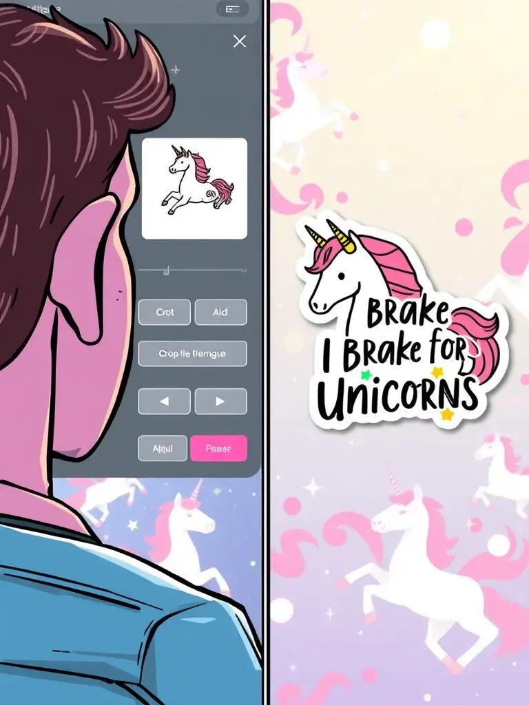 A split-screen showing a user uploading a custom image to create an 'I Brake for Unicorns' sticker, with options for cropping and adjusting the image.