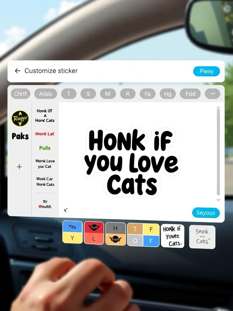 A digital mockup tool showing a user customizing a 'Honk If You Love Cats' sticker with different fonts and colors, set against a car window background.
