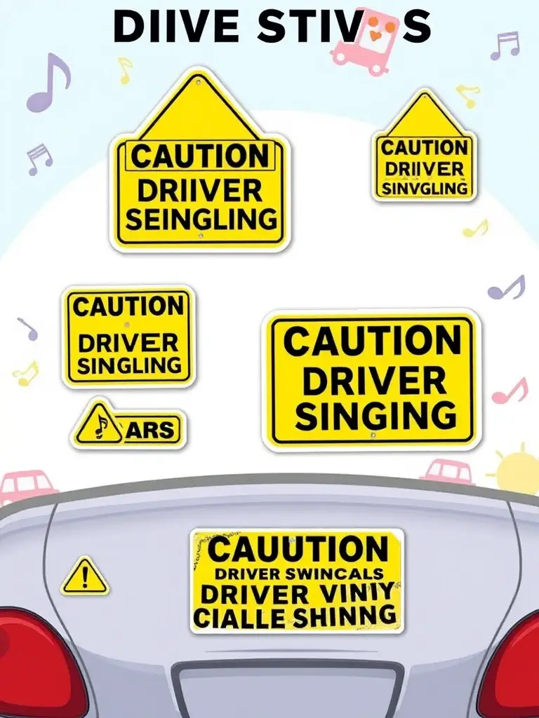 A graphic illustrating different size options for the 'Caution: Driver Singing' sticker, ranging from small window decals to larger bumper stickers.