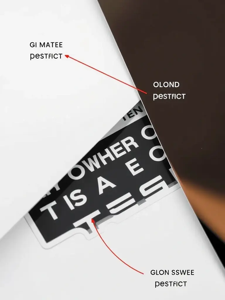 A close-up shot of various vinyl materials (matte, glossy, reflective) being applied to a 'My Other Car Is A Tesla' sticker, highlighting the texture and durability.