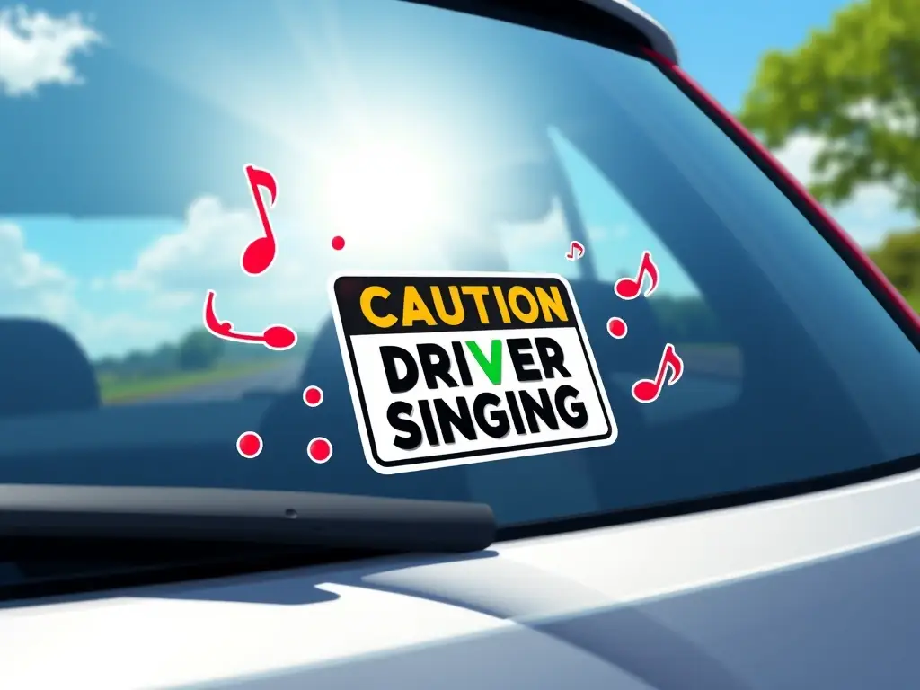 A car's rear window featuring a 'Caution: Driver Singing' sticker. The sticker is vibrant and playful, with musical notes scattered around the text. The background shows a sunny road, emphasizing the sticker's fun and quirky nature.