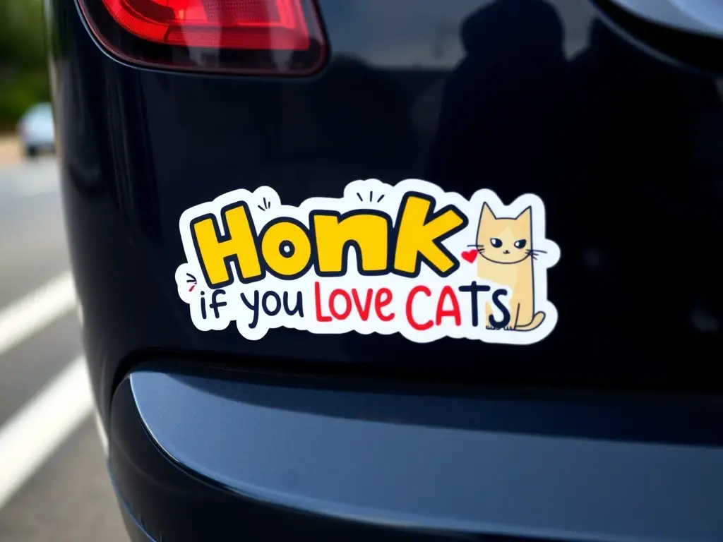 A close-up shot of a car bumper featuring a 'Honk If You Love Cats' sticker. The sticker is vibrant and eye-catching, with playful typography and whimsical cat illustrations. The background shows a blurred street scene, emphasizing the sticker's visibility in everyday driving conditions.