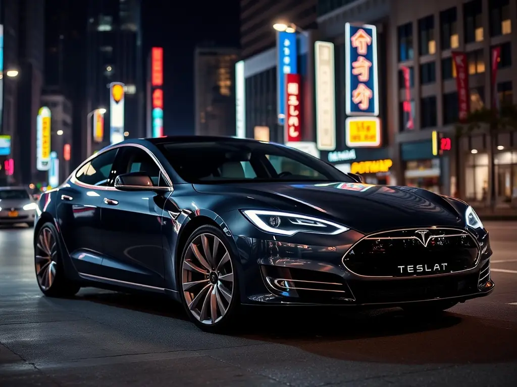 A sleek Tesla car displaying a 'My Other Car Is A Tesla' sticker on its rear window. The sticker is modern and bold, with a simple graphic of a Tesla car silhouette. The background shows a well-lit urban environment, highlighting the sticker's appeal to Tesla enthusiasts.